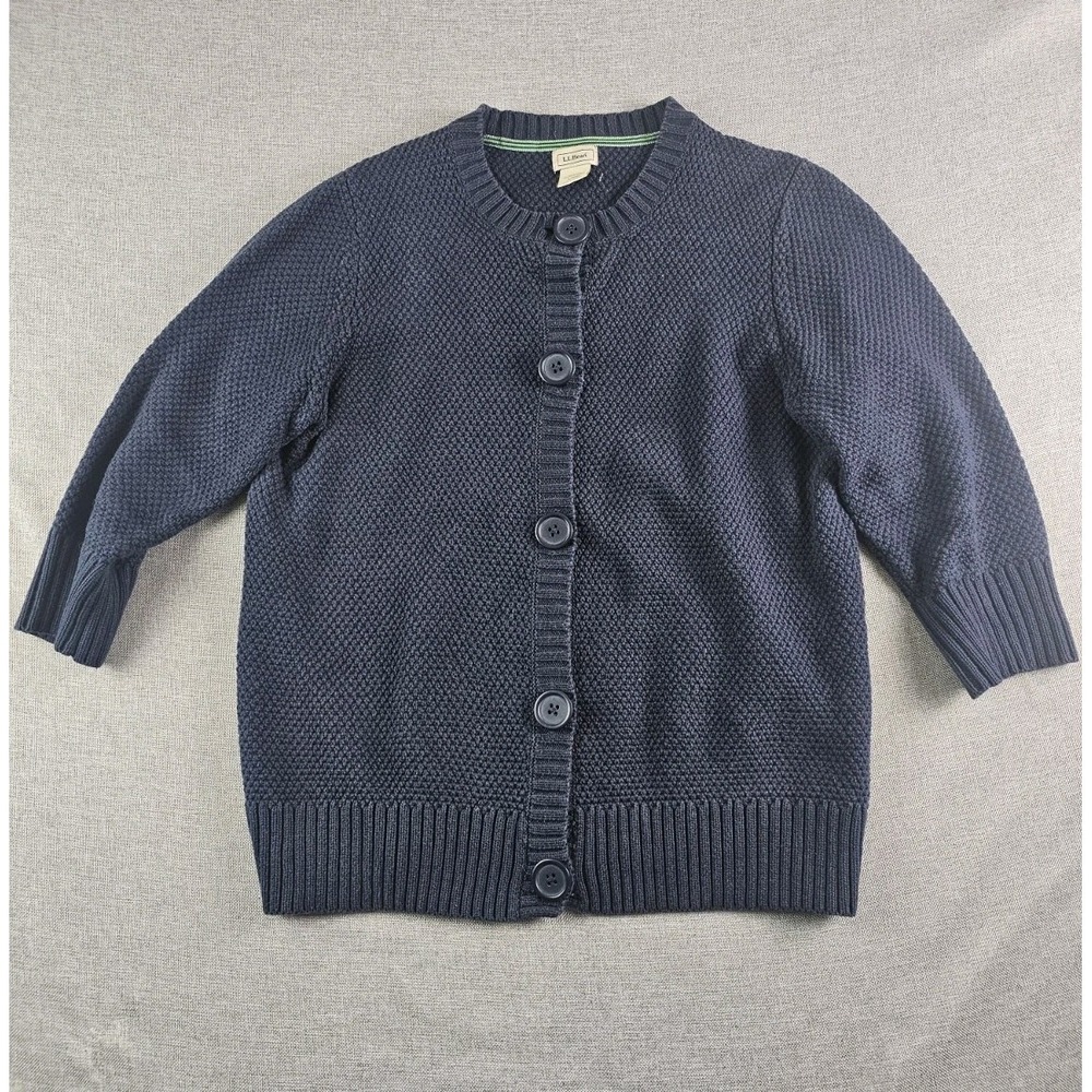LL Bean Cardigan Sweater Womens Large Blue Waffle Knit Button Front Pullover